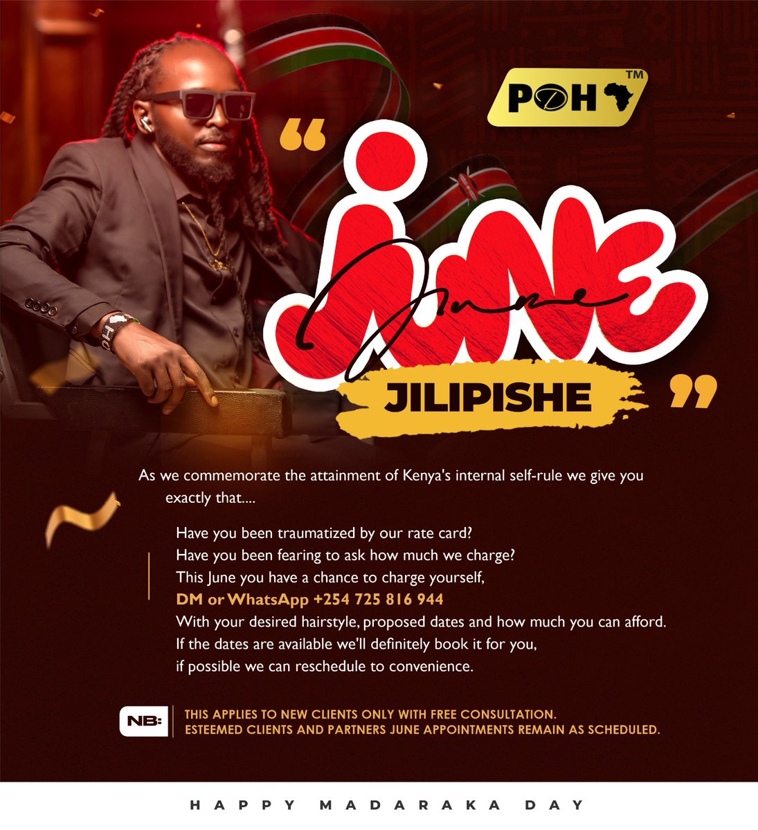 Just 
June 
Jilipishe
#HappyMadarakaDay 🇰🇪 
As we commemorate the attainment of Kenya's internal self-rule we give you exactly that....
Have you been traumatized by our rate card? 
Have you been fearing to ask how much we charge?
This June you have a chance to charge yourself,