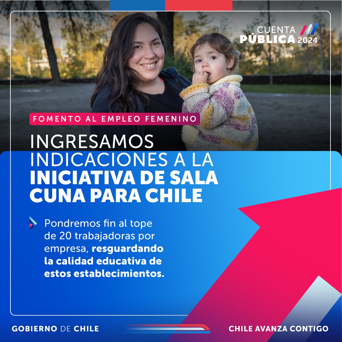 Madres y padres se verán beneficiados con las indicaciones a la iniciativa de Sala Cuna para Chile que pondrá fin al tope de 20 trabajadoras por empresa y, al mismo tiempo, resguardará la calidad educativa de estos establecimientos.

🤳🏼 Súmate a la #CuentaPública2024 y comenta