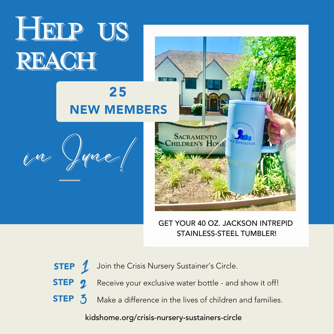 JUNE ONLY: Each new member of the Crisis Nursery Sustainer’s Circle with a $25/month donation will receive this limited-edition water bottle! Becoming a Sustainer is the best way to provide reliable funding toward ending child abuse and neglect. kidshome.org/crisis-nursery…