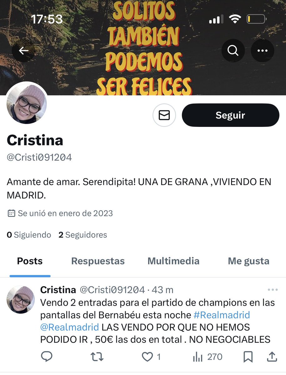 carmenn_mb's tweet photo. Es una estafadora. Ahora me tiene bloqueada y se habrá cambiado el nombre. Tened cuidado #entradasbernabeu https://t.co/irzalyN7uC