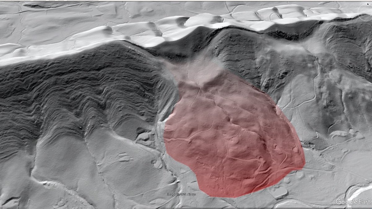 I have always liked the LiDAR look of this big slide below the Appalachian Trail on Catawba Mountain, Virginia. The slope failed in shale beneath a thick sandstone sequence. There might be enough resolution to zoom in and count the beds. Dip is 50-55 degrees towards the viewer.