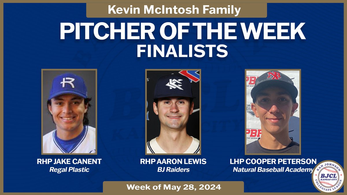 Congrats to our Kevin McIntosh Family Pitcher of the Week finalists! Look for our winner on Sunday! #BJCL

◽️ RHP <a href="/CanentJake/">Jake Canent</a> (<a href="/RUHawksbaseball/">Rockhurst Baseball</a>) - Regal Plastic
◽️ RHP Aaron Lewis (<a href="/KCKbaseball/">KCK Baseball</a>) - BJ Raiders
◽️ LHP Cooper Peterson (<a href="/cpete26/">Cooper Peterson</a> /Osawatomie) - Natural Baseball Academy