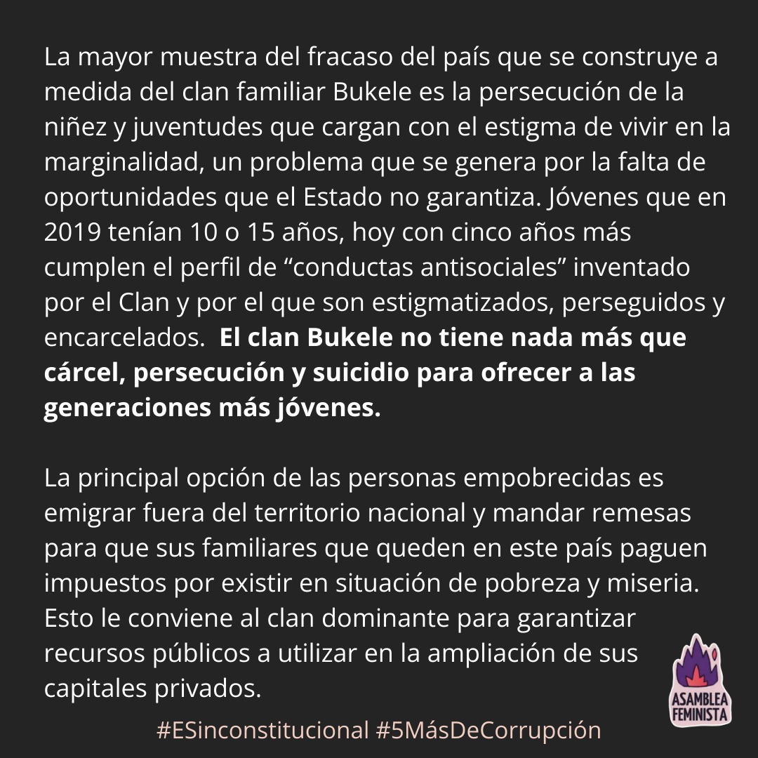 AsambleaFemSV's tweet photo. Según palabras de Bukele, su esposa es quién se encarga de velar de la niñez y mujeres embarazadas, eso quiere decir que ella es cómplice de lo que le están haciendo a la niñez, de la muerte de lxs niñxs en cárcel, de las que viven violencia obstetrica 
#ESinconstitucional https://t.co/YGX9kBDbZn