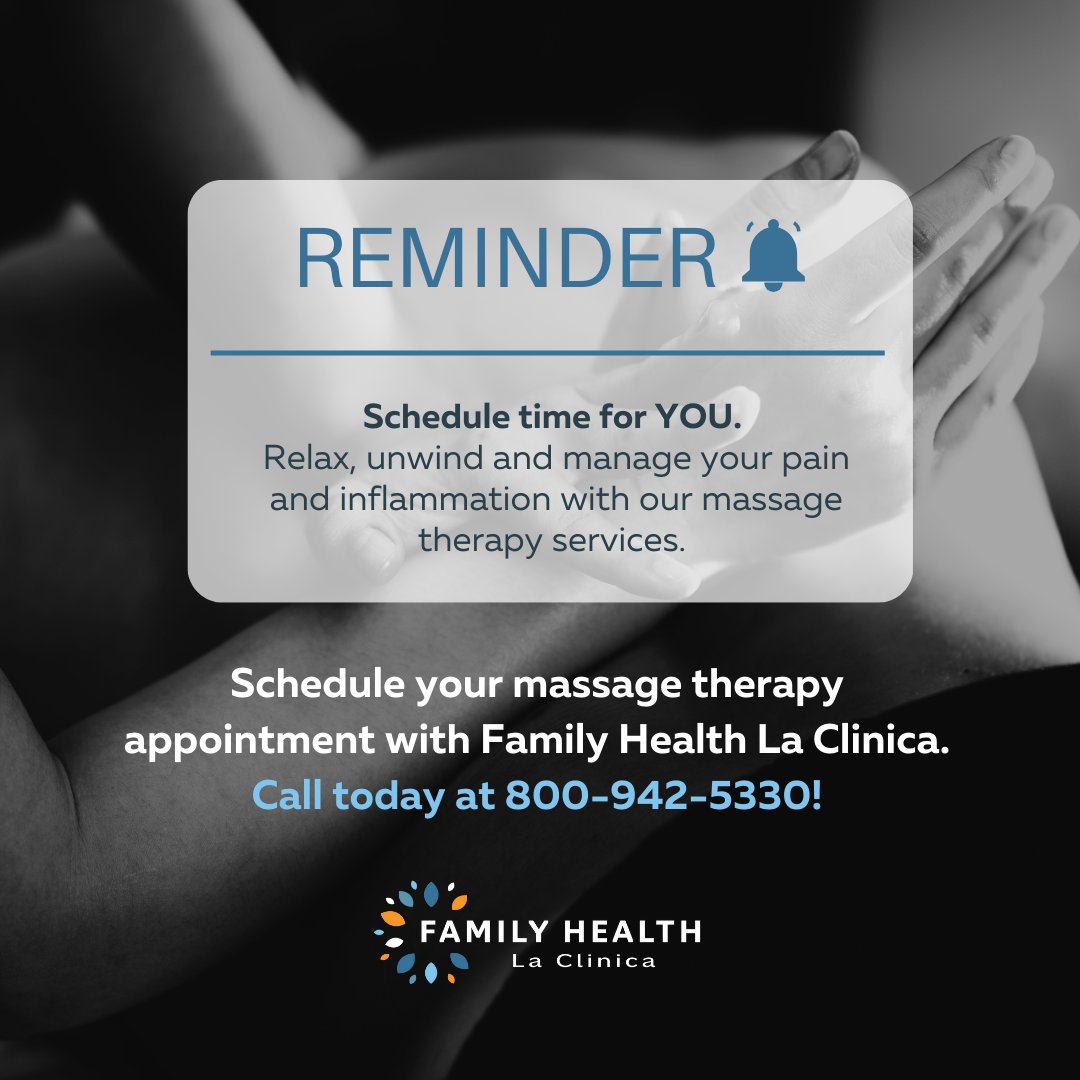 #Massagetherapy can help you #relax and manage your #chronicpain and #inflammation! Schedule time for YOU and call 800-942-5330 to book your massage therapy appointment with Family Health La Clinica.