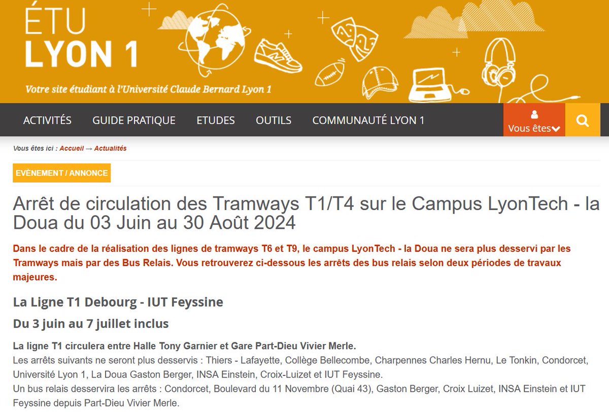 LadouaV's tweet photo. 📣 attention, il n'y aura plus de de tram du 3 juin au 30 aout, pour vos déplacements, pensez à la solution vélo @UnivLyon1 @insadelyon https://t.co/yfMAiRWimc