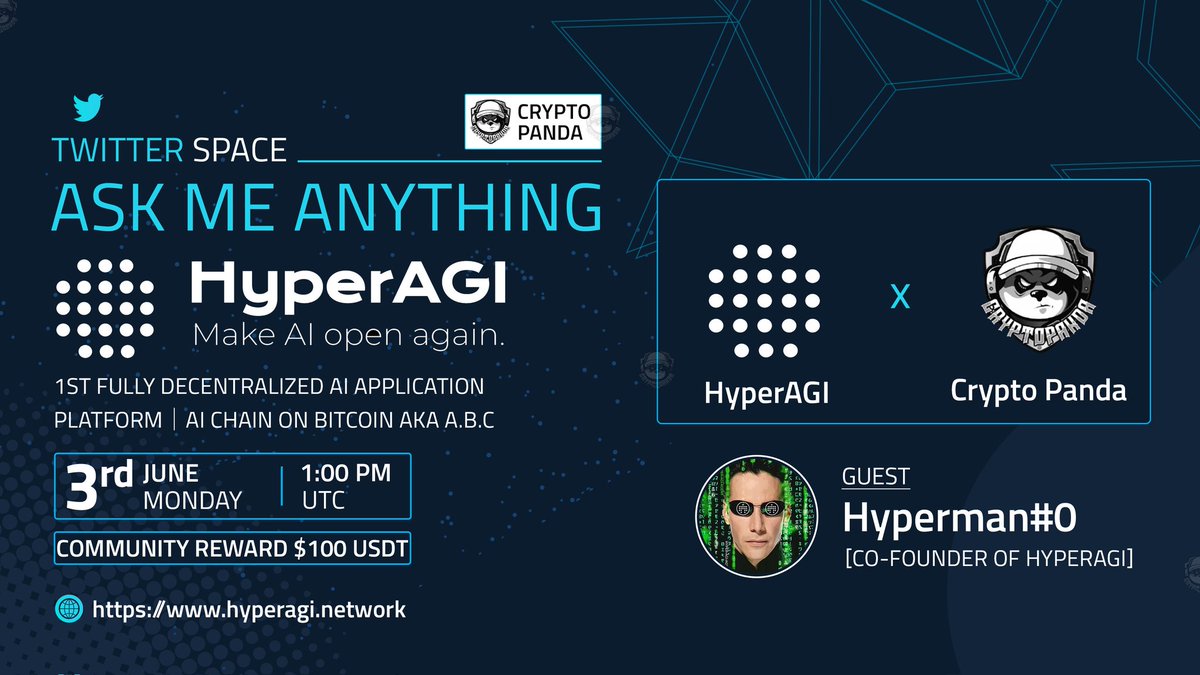 Join us for the  X Space  #AMA with @HyperDustIO

📢 Guest : 
~Hyperman#0 [<a href="/0xTsuan/">landon.moss</a>] [co-founder of HyperAGI]

🕰️ 3rd June 2024 - 1:00 PM  UTC
🎁 Reward: $100 USDT 

📌 Set Reminder : 
x.com/i/spaces/1ynJO… 

🔺Rules:
♂️Follow Twitter :- 
 <a href="/CryptoPanda_gl/">CRYPTO PANDA</a>  &amp;  @HyperDustIO 
♂️