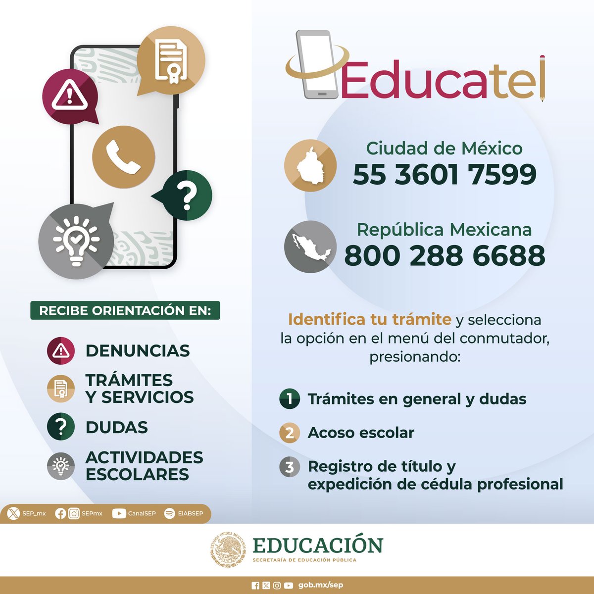 🤔 Necesitas ayuda con:

📄 Trámites
📚 Servicios educativos
🏃🏻 Actividades escolares
🚫 Denuncias

Recuerda que #Educatel puede ayudarte.

☎️ Comunícate a los teléfonos:
En #CDMX: 55 3601 7599
Resto de la República: 800 288 6688