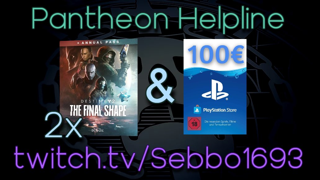 🚨 Letzte Chance auf Pantheon morgen ab 13 Uhr! 🚨
Außerdem habe ich 2x Final Shape (eins davon leider nur Steam, das andere frei wählbar) und 100€ PSN Guthaben (nur für DE) zu verlosen 🥳 kommt also gerne vorbei 😋

twitch.tv/sebbo1693