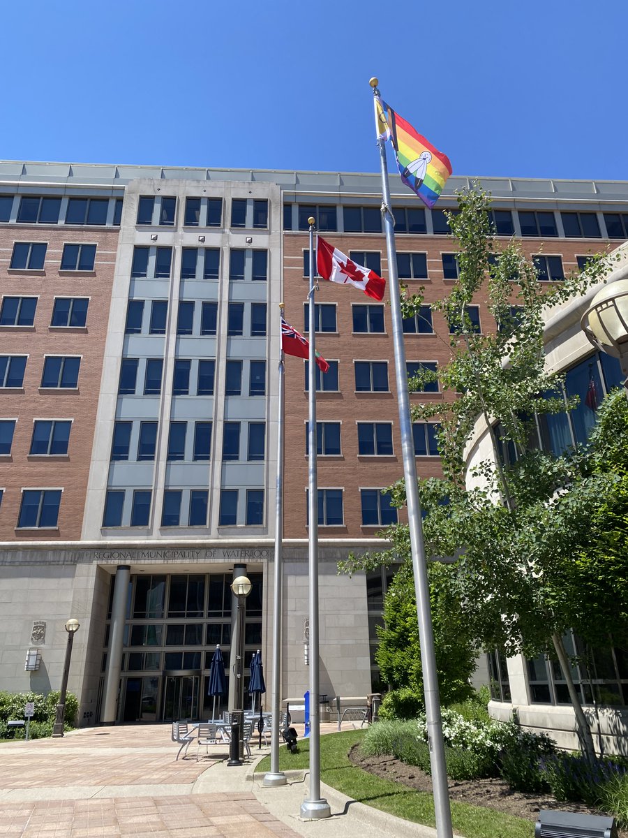 RegionWaterloo's tweet photo. Today, we're marking the beginning of #PrideMonth by raising the Progress Pride flag at Regional buildings to bring visibility to 2SLGBTQIA+ community members and celebrate their many contributions to #WatReg. https://t.co/hnksL9kXnE