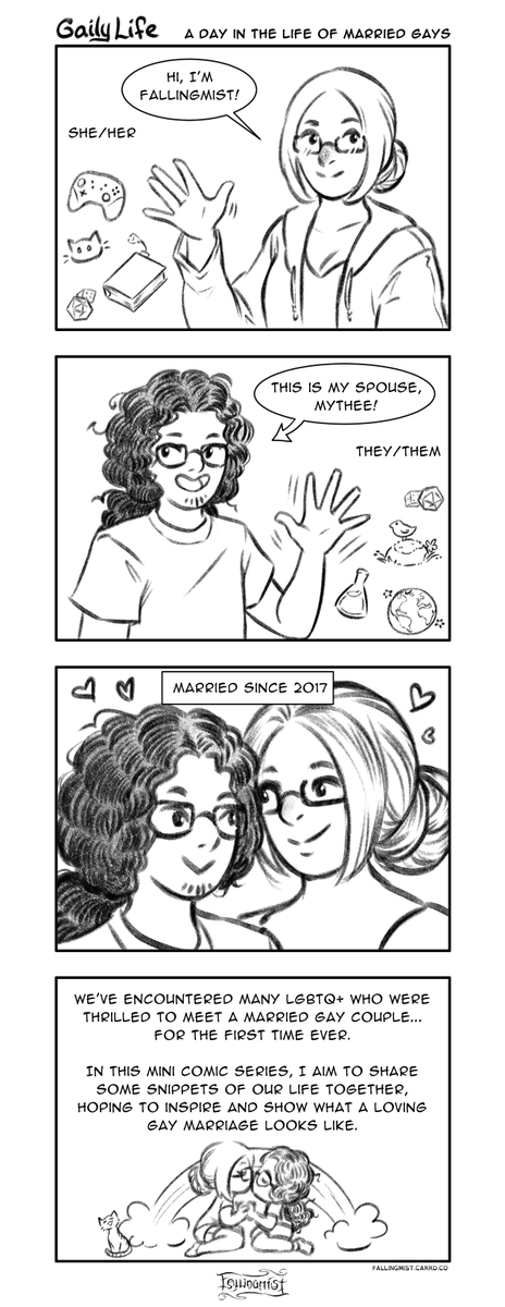 For pride month, my art goal is to draw a comic strip each week to showcase what an #lgbtq marriage looks like via an autobiographical 4-koma. It's just a series of lil daily life snippets, somewhat messily drawn, but hope it's cute and inspiring ✨

Introducing: Gaily Life!
