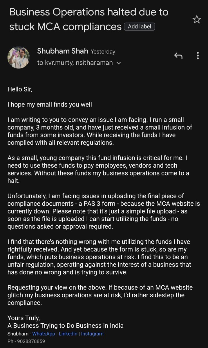 Shubham Shah (@shahyahaa) on Twitter photo A lil bit of an issue, won't you saym <a href="/MCA21India/">Ministry of Corporate Affairs</a> <a href="/nsitharaman/">Nirmala Sitharaman</a>
Have you faced issues with compliance rules that at times just don't seem to make sense? Talk about it maybe? A lil bit of an issue, won't you saym <a href="/MCA21India/">Ministry of Corporate Affairs</a> <a href="/nsitharaman/">Nirmala Sitharaman</a>
Have you faced issues with compliance rules that at times just don't seem to make sense? Talk about it maybe?