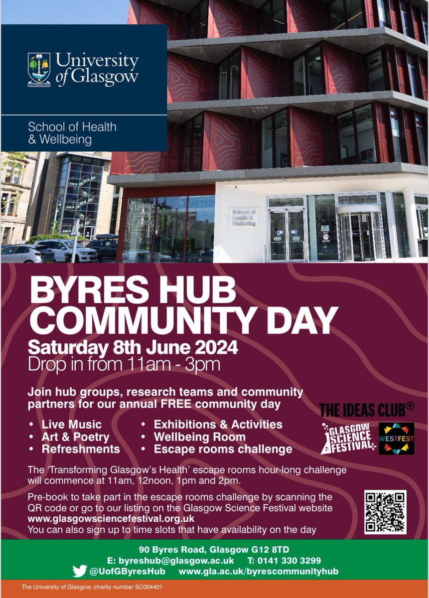 Byres Community Hub (@uofgbyreshub) on Twitter photo One week to go until this year’s Byres Hub Community Day as part of <a href="/GlasgowSciFest/">Glasgow Science Festival</a> & in collaboration with <a href="/WestFestGlasgow/">WestFest</a> <a href="/Visit_WestEnd/">Visit West End</a> <a href="/theideasclub__/">The Ideas Club®</a> <a href="/WeekdayWOW/">Weekday Wow Factor</a> <a href="/UofGSHW/">UofG School of Health & Wellbeing</a> <a href="/toppletheking/">Mike</a> <a href="/SightScotland/">Sight Scotland</a> @UofGMHW <a href="/theSPHSU/">Improving Health</a> <a href="/gppcglasgow/">UofG GPPC</a> <a href="/UofGHEHTA/">HEHTA</a> <a href="/PublicHealthUoG/">UofG Public Health</a>
All Welcome One week to go until this year’s Byres Hub Community Day as part of <a href="/GlasgowSciFest/">Glasgow Science Festival</a> & in collaboration with <a href="/WestFestGlasgow/">WestFest</a> <a href="/Visit_WestEnd/">Visit West End</a> <a href="/theideasclub__/">The Ideas Club®</a> <a href="/WeekdayWOW/">Weekday Wow Factor</a> <a href="/UofGSHW/">UofG School of Health & Wellbeing</a> <a href="/toppletheking/">Mike</a> <a href="/SightScotland/">Sight Scotland</a> @UofGMHW <a href="/theSPHSU/">Improving Health</a> <a href="/gppcglasgow/">UofG GPPC</a> <a href="/UofGHEHTA/">HEHTA</a> <a href="/PublicHealthUoG/">UofG Public Health</a>
All Welcome