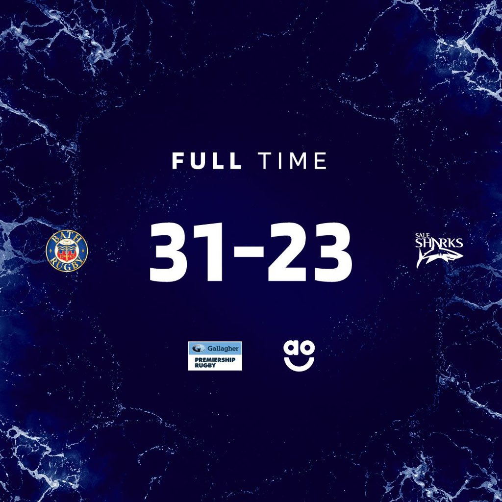 SaleSharksRugby's tweet photo. 𝗙𝗨𝗟𝗟 𝗧𝗜𝗠𝗘 | 🛁 31-23 🦈

The boys gave it everything but our @premrugby season has come to an end! 

Always proud boys. You did the North proud 👏

#BATvSAL | #sharksarecircling🦈 https://t.co/fdno7pauY9