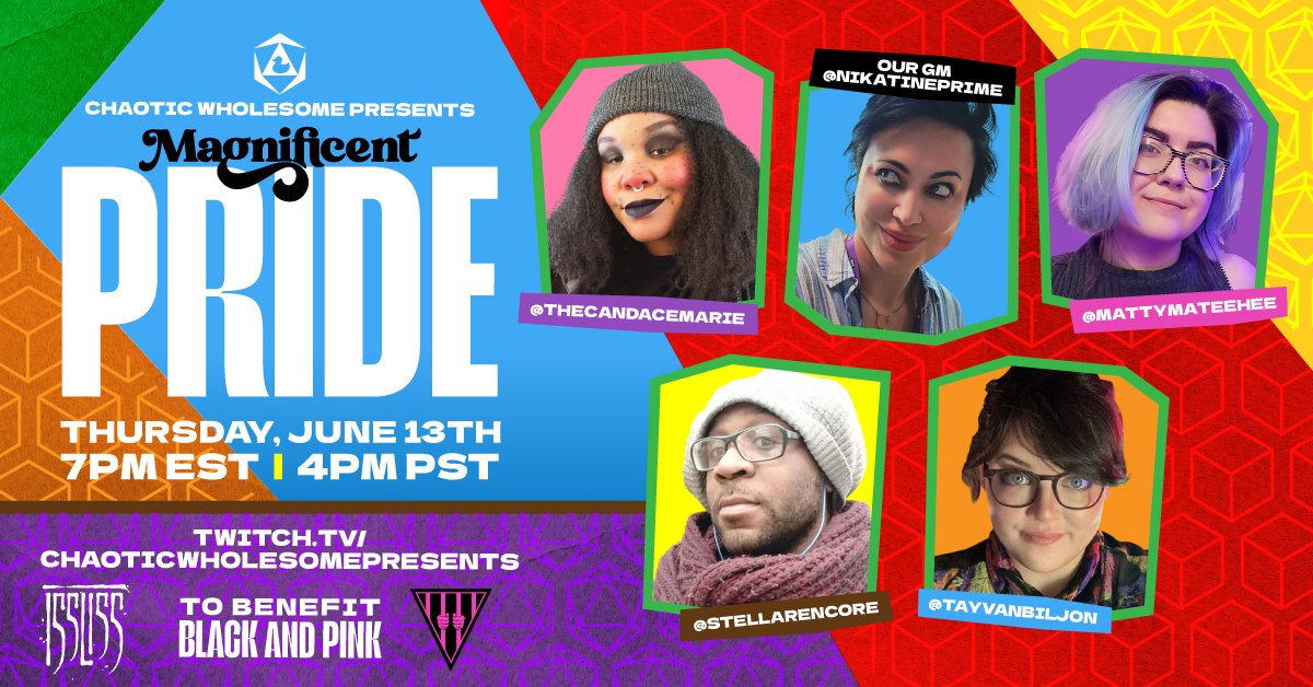 CW_Presents's tweet image. We don't think you're ready for Game 2 of our Magnificent Pride charity series.

Come join GM @NikatinePrime sowing off Issliss: The Last Heist at Last Husk. 

The adventure begins Thursday, June 13th at 4PM PT/7PM ET. Your donations impact the game and benefit @blackandpinkorg!