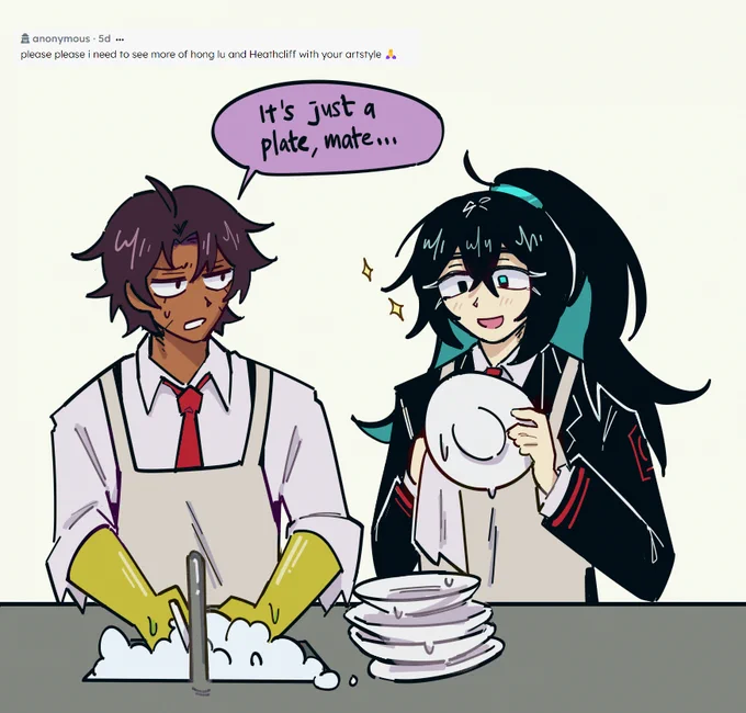 hong lu and heathcliff for anon!! hc for hong lu that he really enjoys small stuff like chores because hes never had to do them before 