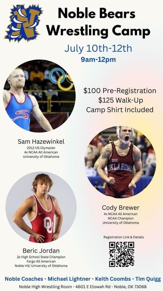 Wrestling Camp, Noble America, July 10-12th. Great opportunity to get better!
