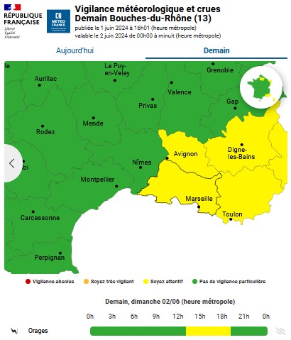 #METEO13 | 🟡 Le département des #bouchesdurhone reste en vigilance jaune orages ⛈️ demain dimanche 2 juin entre 13h et 19h. Les villes d' @aixmaville et @marseille seront concernées, ainsi que les calanques. Les orages sont accompagnés de petite grêle/grésil, et l'activité