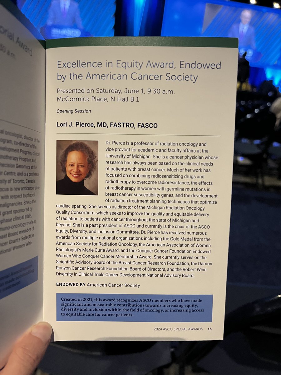 Congratulations to <a href="/PierceLoriJ/">Lori Pierce</a> for receiving the <a href="/ASCO/">ASCO</a> Excellence in Equity Award today at #ASCO24!! 🎉👏 

Extremely well-deserved.