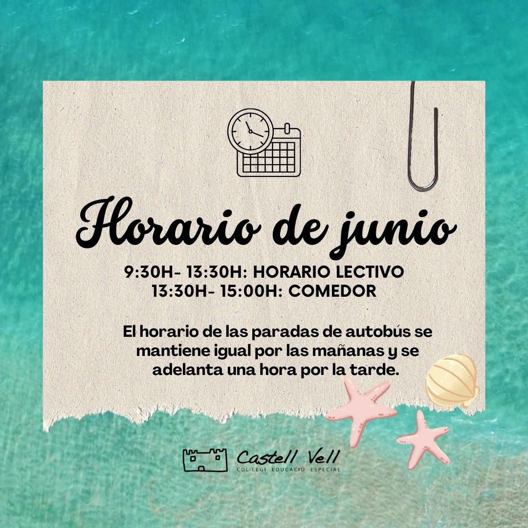 CeeCastellVell's tweet photo. Ja estem a juny! I per encetar la recta final del curs, recordem que a partir del dilluns canvia l’horari⏰

#femescolafemcamí #castellvell #fempinya #somequip #inclusió #educacióespecial #castellódelaplana https://t.co/A4nbC1oIRf