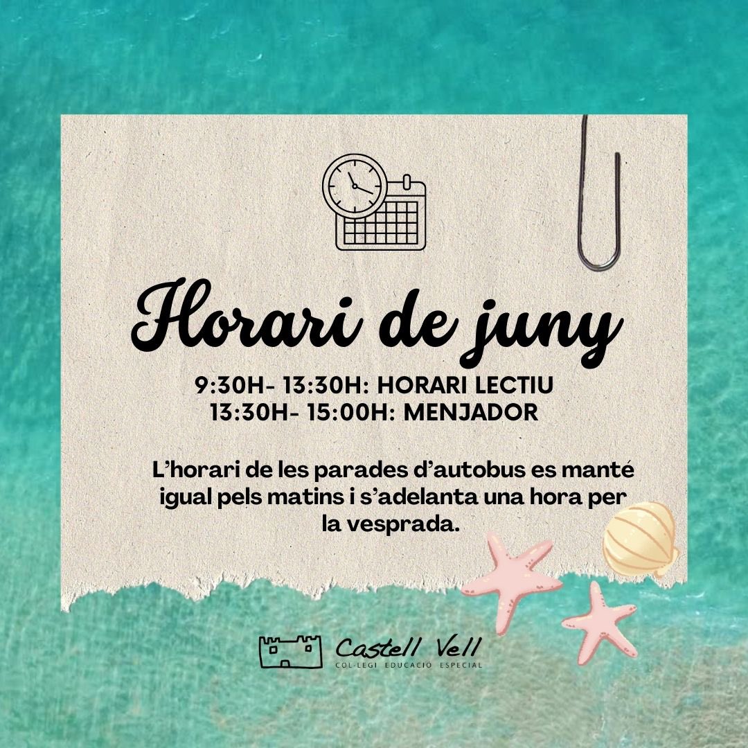CeeCastellVell's tweet photo. Ja estem a juny! I per encetar la recta final del curs, recordem que a partir del dilluns canvia l’horari⏰

#femescolafemcamí #castellvell #fempinya #somequip #inclusió #educacióespecial #castellódelaplana https://t.co/A4nbC1oIRf