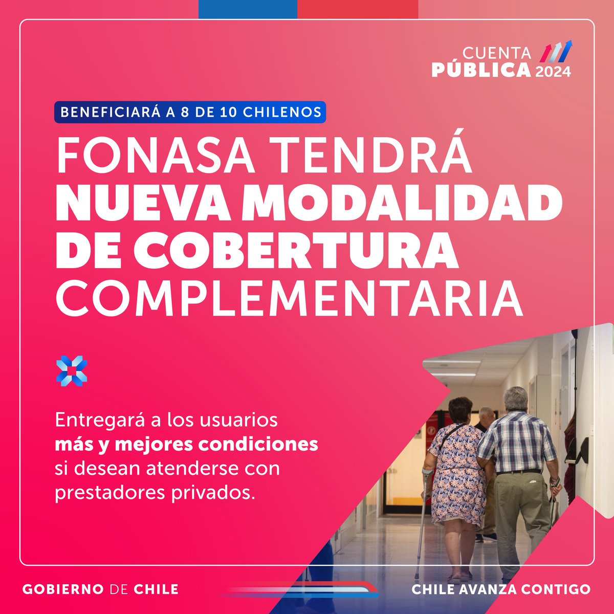 GobiernodeChile's tweet photo. 8 de 10 chilenos serán beneficiados con la Modalidad de Cobertura Complementaria de Fonasa ☑️

Entérate cómo y sigue la #CuentaPública2024 en https://t.co/l4caiQuSb1 🇨🇱