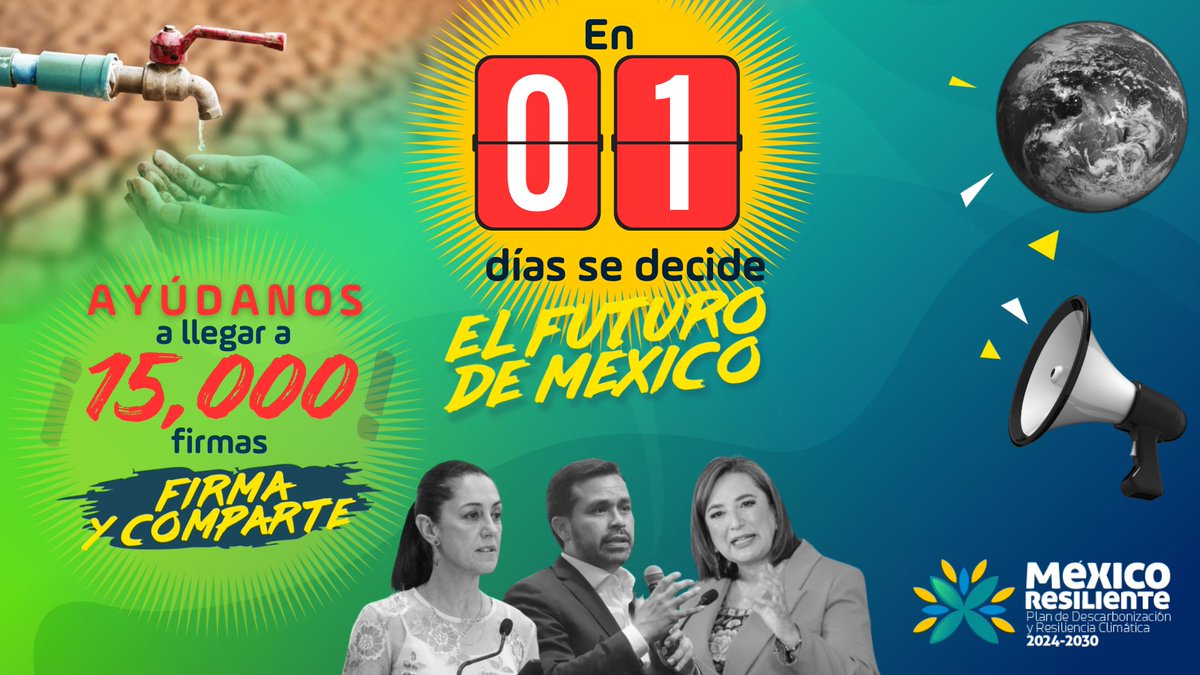 😱 ¡EN 1 DÍA! definiremos el futuro de #México a través de nuestro #VOTO. 
⚡ Hoy somos +12,500 personas que queremos que la #AcciónClimática sea central en las propuestas presidenciales y queremos llegar más lejos.    🙌 🔥 ¡FIRMA Y COMPARTE! 👉🏽  bit.ly/4bqjxBO