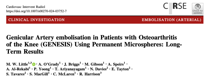 iRadPulse (@iradpulse) on Twitter photo 1/6 📢 2-year follow-up of using genicular artery embolisation (GAE) to treat mild-to-moderate knee osteoarthritis, from <a href="/CVIR_Journal/">CVIR Journal</a>!
Explore findings from the GENESIS study! 🦵✨
#KneeOA #GenicularArteryEmbolisation #InterventionalRadiology 1/6 📢 2-year follow-up of using genicular artery embolisation (GAE) to treat mild-to-moderate knee osteoarthritis, from <a href="/CVIR_Journal/">CVIR Journal</a>!
Explore findings from the GENESIS study! 🦵✨
#KneeOA #GenicularArteryEmbolisation #InterventionalRadiology