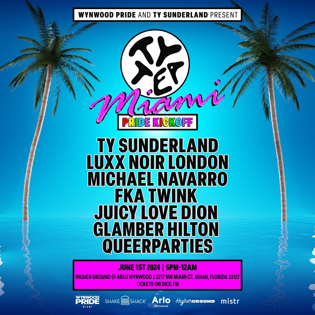 TODAY! <a href="/TySunderland/">Ty Sunderland 🏁</a> TY TEA is making its Miami debut for the ultimate Wynwood Pride kickoff on at Arlo Wynwood 💦💦

Get ready to dance, mingle, and celebrate through the sunset. 🪩🌴

link.dice.fm/tyteamiami