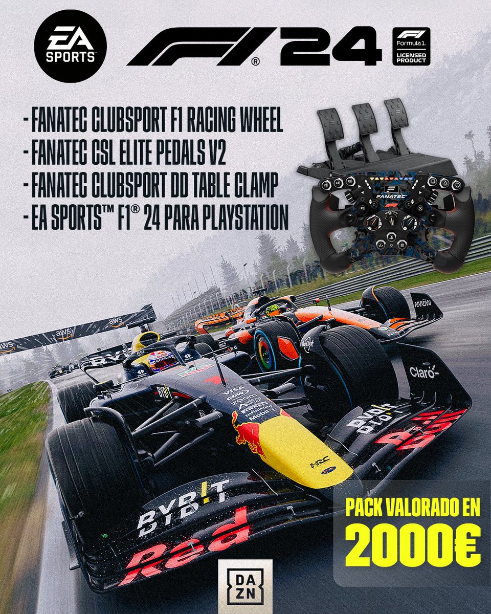 DAZN España (@dazn_es) on Twitter photo ¡SORTEAZO! 🎁 Gana una copia de #F124 para PlayStation junto a uno de los kits MÁS EXCLUSIVOS del planeta 🔥
✅ Haz RT a este post
✅ Sigue a <a href="/DAZN_ES/">DAZN España</a>, <a href="/EASPORTSF1/">EA SPORTS F1</a> y <a href="/fanatec/">Fanatec</a>
✅ Comenta diciéndonos quién es tu piloto favorito junto al hashtag #F124conDAZN
Tienes hasta el ¡SORTEAZO! 🎁 Gana una copia de #F124 para PlayStation junto a uno de los kits MÁS EXCLUSIVOS del planeta 🔥
✅ Haz RT a este post
✅ Sigue a <a href="/DAZN_ES/">DAZN España</a>, <a href="/EASPORTSF1/">EA SPORTS F1</a> y <a href="/fanatec/">Fanatec</a>
✅ Comenta diciéndonos quién es tu piloto favorito junto al hashtag #F124conDAZN
Tienes hasta el