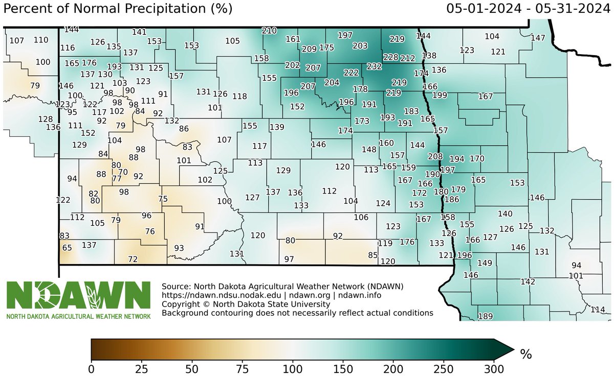 Total rain in May @NDAWNmesonet stations and the Percent of Average of that precipitation.  #ndwx #mnwx #mtwx