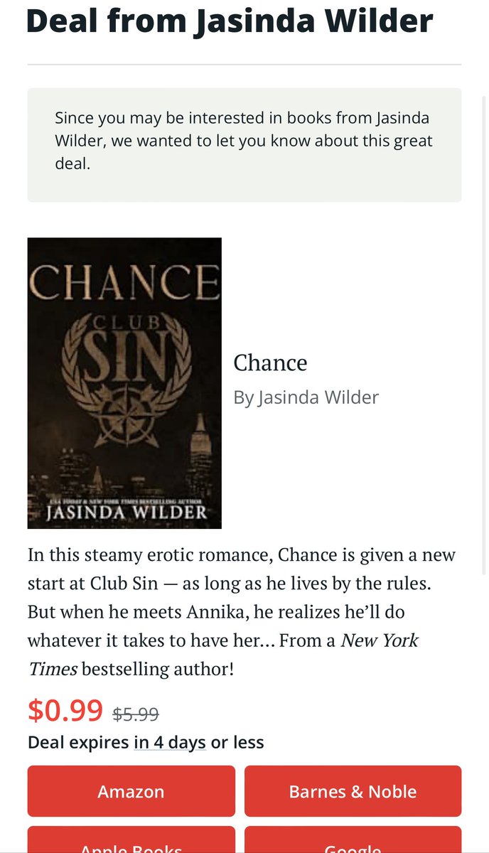 JasindaWilder's tweet photo. Chance is on sale for only 99 pennies! On #sale for a limited time via @BookBub 💖#weekendvibes #weekendread #reader https://t.co/1mZGWyjYnP