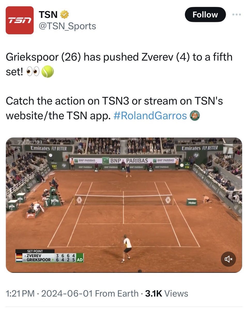 ryanscotian's tweet photo. @StephenR77 @KenshiG2 @kenhall72 @DeadReckoning @TSNTennis Reminder that this was the original tweet. Then they had to edit it because they, in fact, were NOT showing it on TSN 3 lol. https://t.co/ZmcZqYmeTj