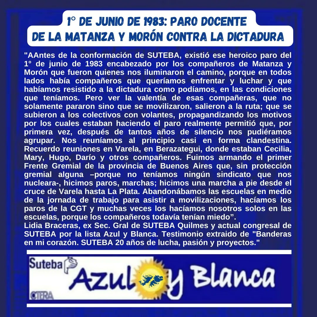 aybmatanza's tweet photo. 1° de Junio de 1983
PARO DOCENTE DE LA MATANZA Y MORÓN CONTRA LA DICTADURA 
Testimonio de @LidiaBracerasok, ex Sec Gral de SUTEBA Quilmes, congresal de SUTEBA por la lista #AzulyBlanca
#dictadura #ParoDocente #LaMatanza #Moron #LuchaDocente #memoria #udem #SUTEBA #CTERA #AnaSosa https://t.co/dzoZLlMDGI