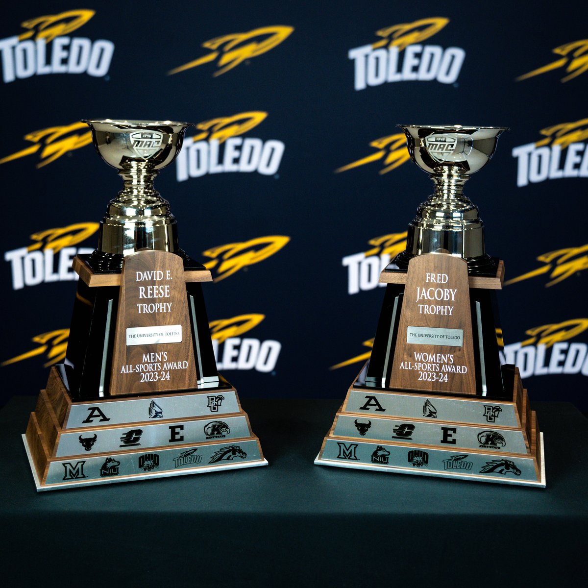 AlfromOhio's tweet photo. The MAC has awarded Toledo the Reese &amp; Jacoby trophies for being the top male &amp; female programs in the conference! This is the 1st time Toledo has won both awards in the same year! https://t.co/F1OzUDsDmD