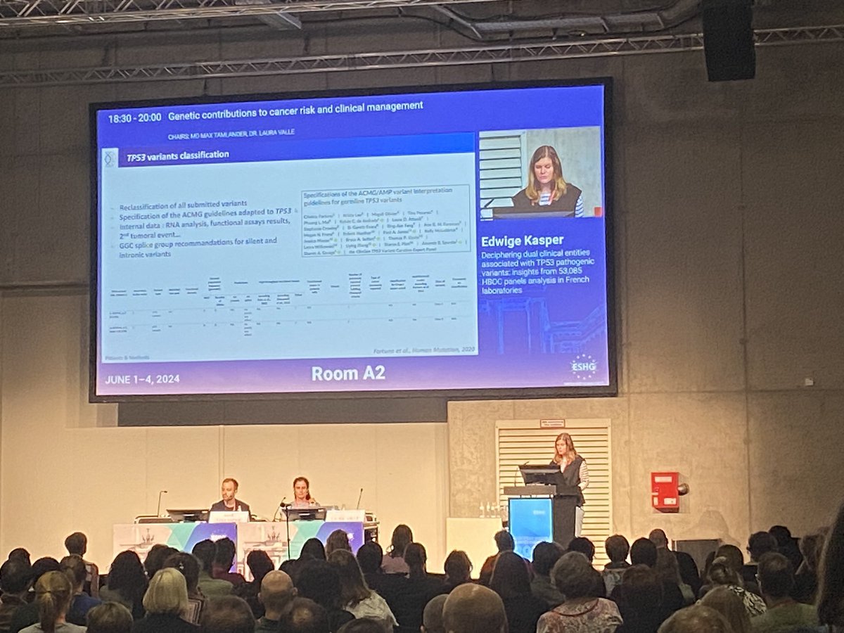 Edwige Kasper from <a href="/CHURouen/">CHU de Rouen</a> <a href="/InsermNordOuest/">Inserm Nord Ouest</a> <a href="/univrouen/">Université de Rouen Normandie</a> presenting on TP53 variants: two different clinical entities?  Classical LFS vs TP53-related early onset breast cancer 👏 #eshg2024