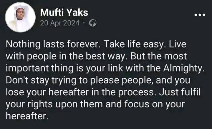 OkikiolaSaheed2's tweet photo. As I reflect on the passing of @muftiyaks, I'm reminded of the impermanence of life. His last tweet serves as a poignant reminder to cherish every moment - May Allah forgive his shortcomings and grant him Jannah. Aamin.

#RIPMuftiYaks 
– A.O.S
Patriotic Nigerian 🇳🇬 https://t.co/IbQGum8ucX