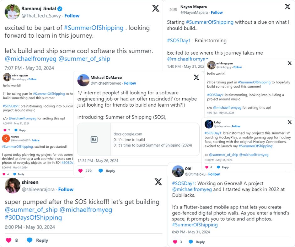 michaelfromyeg's tweet photo. today, more follow-up items for @summer_of_ship 

- re-record the kickoff (ugh)
- LinkedIn promo (https://t.co/yzlxPyuN5G)
- update the website for mobile
- bug people to post and engage on Twitter and Discord

elated with the response so far :')

#SummerOfShipping #SOSDay2 https://t.co/N5wRr2lvLP