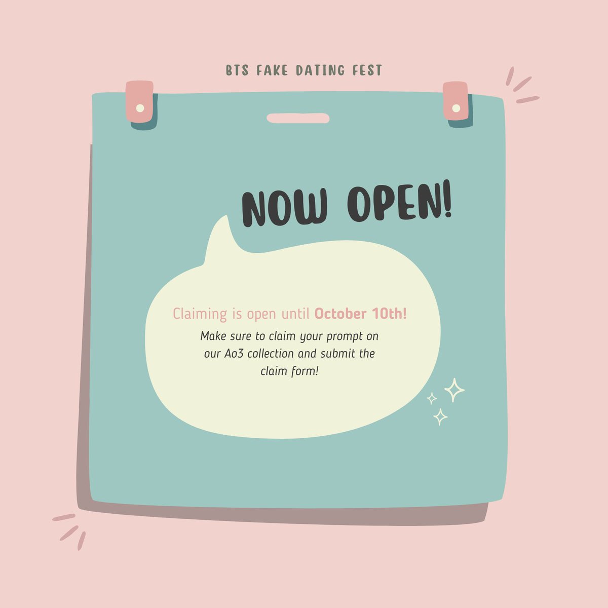 btsfakedating's tweet photo. Attention, patrons! Claiming is now 📖 OPEN! 📖

🔗 Ao3 collection: https://t.co/bLr3ooNimq
🔗 Claim Form: https://t.co/M1rYVk8vaq https://t.co/k8xwvJspA4