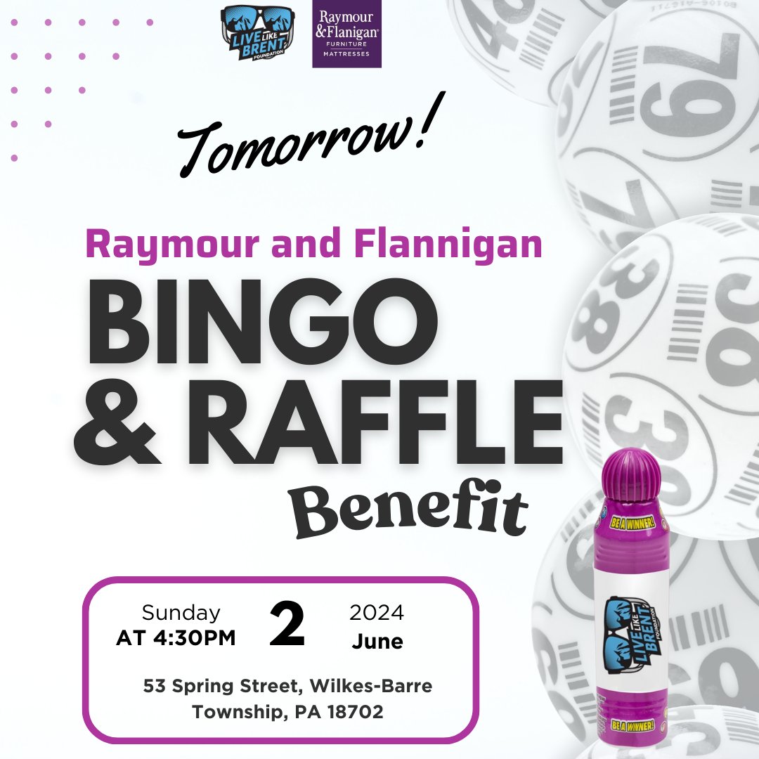 LiveLikeBrent's tweet photo. 🎉 Reminder: Tomorrow, June 2nd, is the Raymour and Flanigan Bingo and Raffle Benefit at the Wilkes-Barre location! 🏆Join us for fun games, amazing prizes, gift baskets, golf passes, and delicious food from D's Diner food truck✨ https://t.co/WbeKsJQ3QB