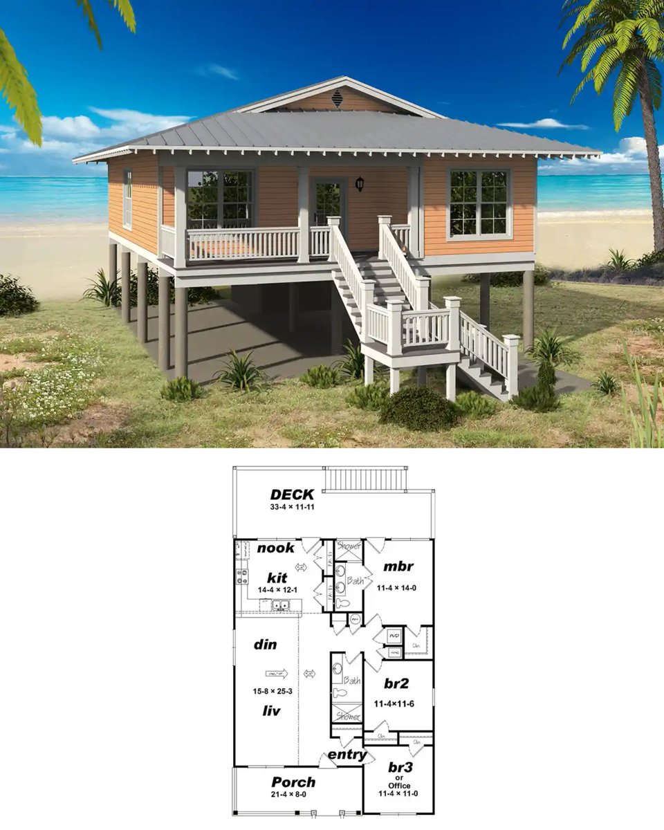 🏘️ Step right into your dream beach house with Plan 87-288! This stunning  3-bedroom, 2-bathroom home is the epitome of coastal living, featuring a  spacious open floor plan and breathtaking views. ➡️, image size:960x1200