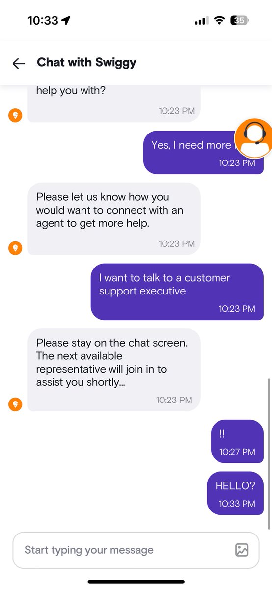 integrating_'s tweet photo. Placed an order on @Swiggy from @popeyes_india. Order was supposed to be delivered by 10:18pm, it's 10:34pm as I'm posting this and ordered hasn't even even been prepared yet ? Contacted customer support and have been waiting for 10 minutes with no executive being assigned. https://t.co/d7Z5UPeUNU
