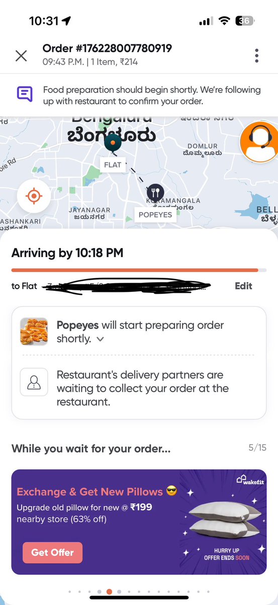 integrating_'s tweet photo. Placed an order on @Swiggy from @popeyes_india. Order was supposed to be delivered by 10:18pm, it's 10:34pm as I'm posting this and ordered hasn't even even been prepared yet ? Contacted customer support and have been waiting for 10 minutes with no executive being assigned. https://t.co/d7Z5UPeUNU