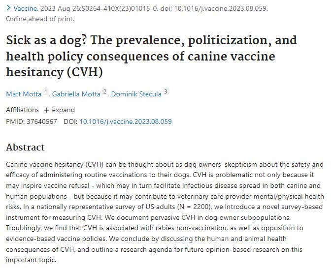 53% of US adults now believe that routine vaccines administered to dogs are either unsafe, ineffective, or unnecessary. Anyone who downplays the threat of the anti-vaccine movement is either not paying attention or has been bamboozled. sciencedirect.com/science/articl…