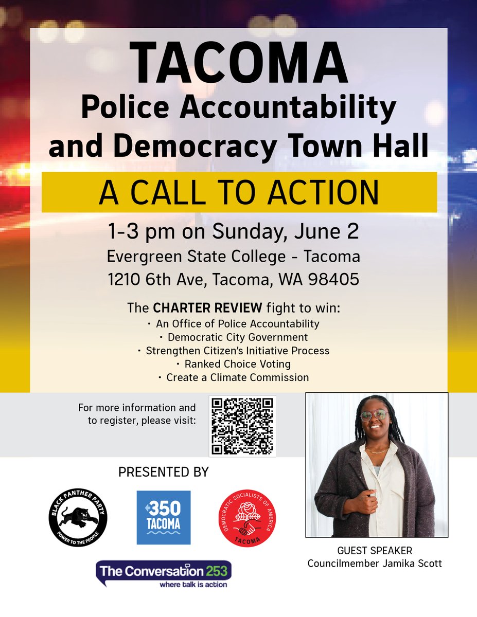 Come learn more about the Charter Review &amp; how we can win community oversight of police accountability &amp; change Tacoma's govt to take power away from the unelected &amp; unaccountable city manager!

#AllPowerToThePeople