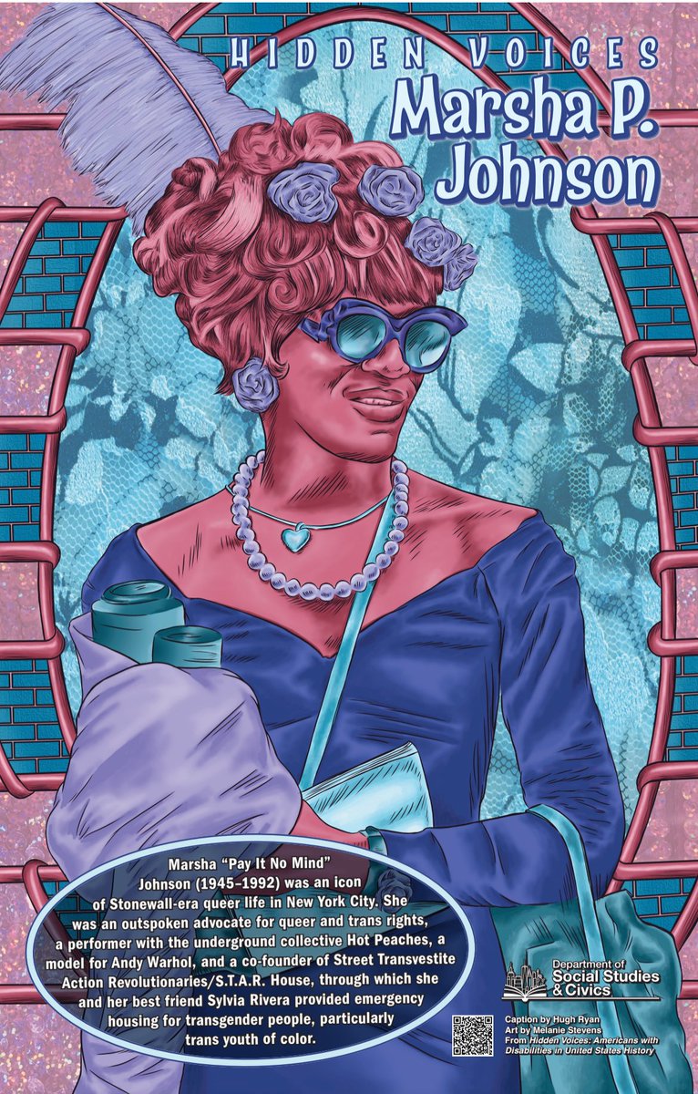 In celebration of the beginning of Pride month, a preview of an upcoming Hidden Voices poster of Marsha P. Johnson, caption by @Hugh_Ryan and art by @brownivy! Coming soon! 🏳️‍⚧️🏳️‍🌈#HiddenVoicesNYC