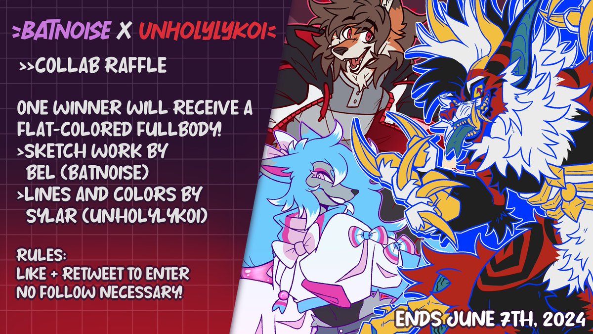 [ BATNOISE x @UNHOLYLYKOI ] COLLAB RAFFLE

thank you for your support! enter for a chance to win a collab piece by the both of us! 💜❤️

RULES:
-like + RT this post, that's it!
-no need to follow either account
-no need to comment a ref

ends june 7th at 10pm ET!