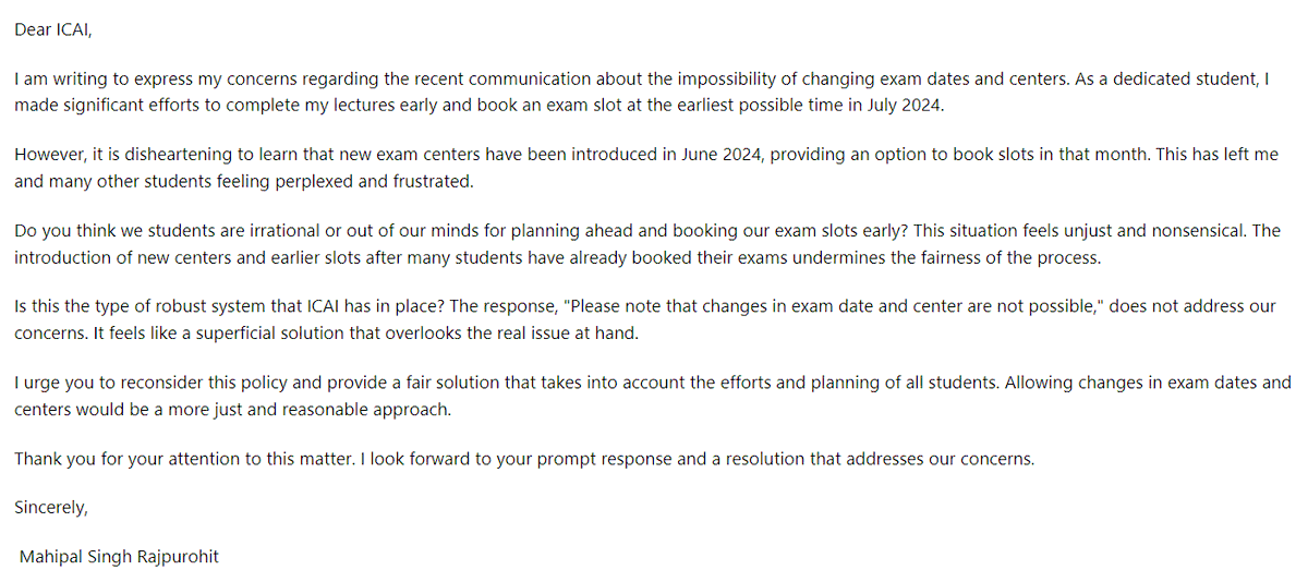 MahipalasdMahi's tweet photo. @theicai   @CaRANJEET Do you think we students are irrational for compling lec early to book July exam slots? Now you introduce new centers in June - Chennai with new slots! What kind of system is this? How is this fair? Saying "changes in exam date and center is not possible" https://t.co/UGB9e3Qkxh