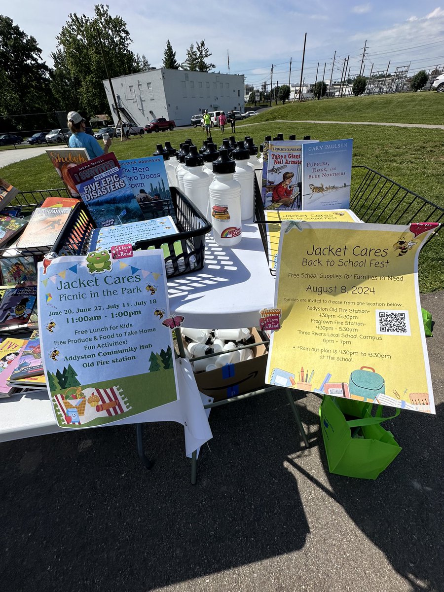 Come to Addyston for the We Thrive Event until 3pm today and stop by the Jacket Cares table for books, water bottles, and instructional resources!  Happy Summer reading! 😎 ☀️ #Weare3R