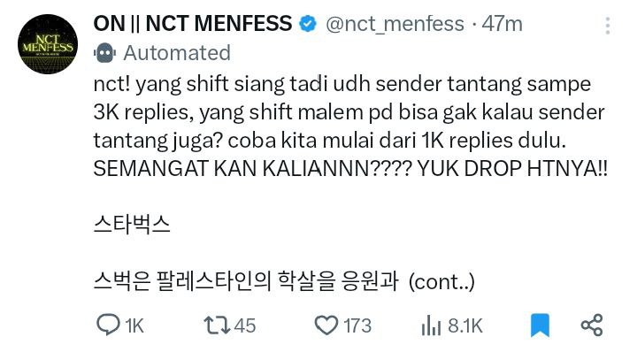nct_menfess's tweet photo. nct! WELADALAH YANG SHIFT MALEM PADA KEREN KEREN JUGA TERNYATAA, CAKEP CAKEP. AKU TANTANG LAGI DAN NAIKIN GOALSNYA OKE GAK? SKR REPLIESNYA SAMPE 1.5K, BISA KANNN??? YUKK JAKANDOR GUYS

스타벅스

스벅은 팔레스타인의 학살을 응원과 자금을 지원하고  (cont..) https://t.co/feJpIvGjQU