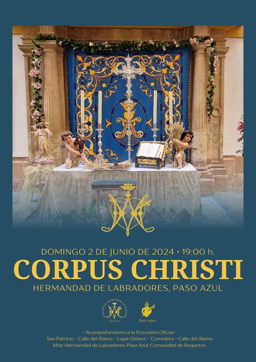 🔵 La Hermandad de Labradores, Paso Azul realizará mañana el acompañamiento en la procesión del Corpus Christi.

Además, se colocará un altar en la sede de la Comunidad de Regantes con un espacio dedicado al Beato Pedro Soler y la colaboración de la Coral Santa Cecilia 🎶.